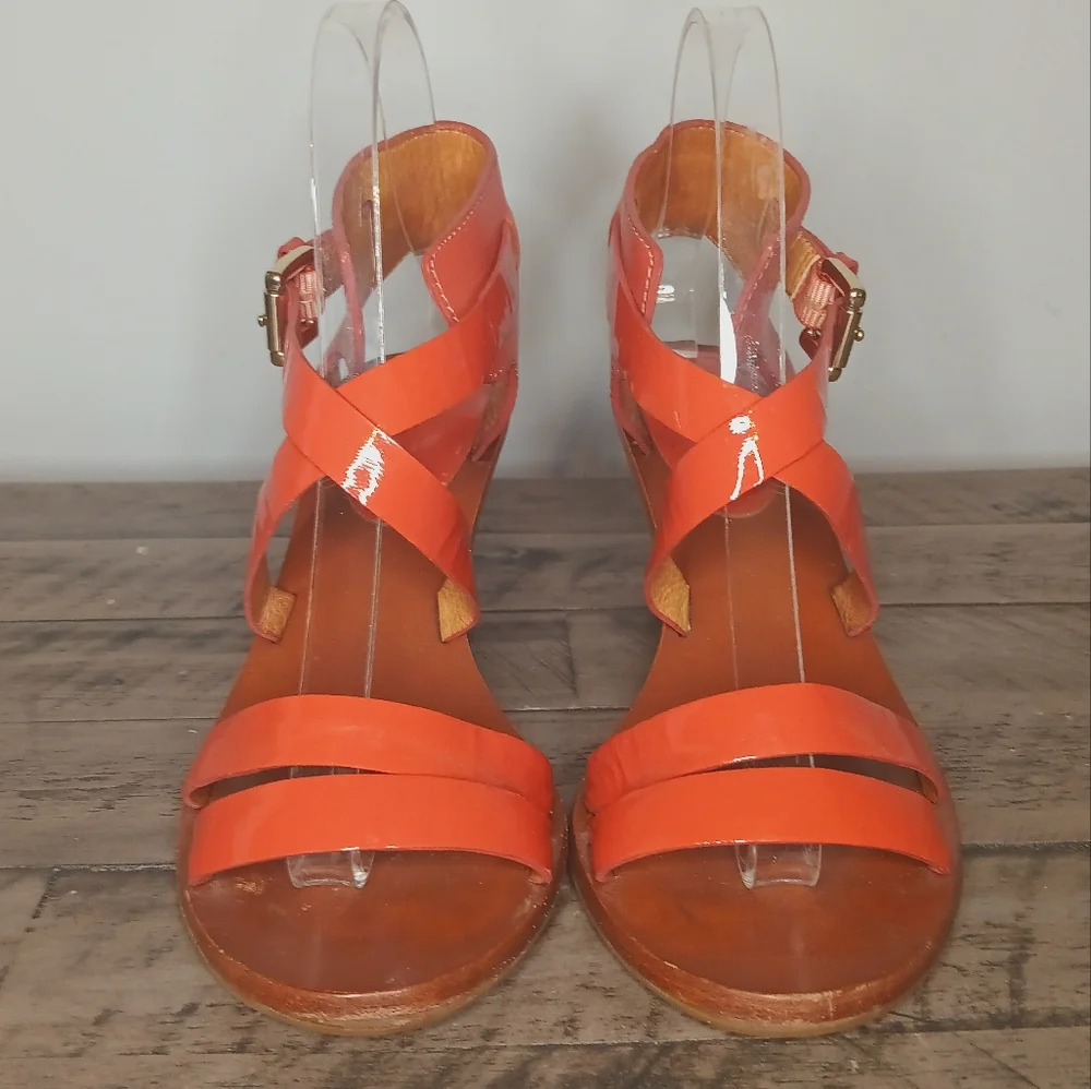 Coach Prue Patent and Leather Cross Cross Wedge Sandal